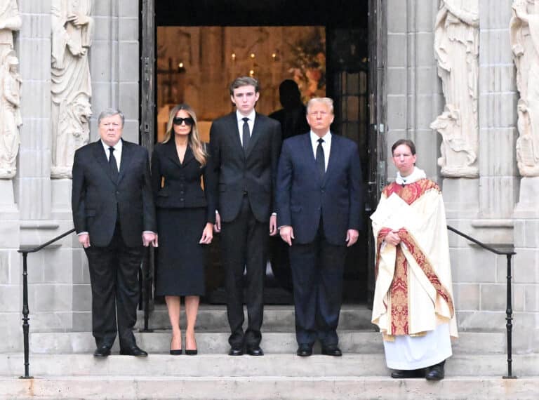 PALM BEACH, FL - JANUARY 18: Viktor Knavs, Melania Trump,  Barron Trump and Donald Trump are seen at the funeral of Melania's mother Amalija Knavs on January 18, 2024 in Palm Beach, Florida. (Photo by MEGA/GC Images)