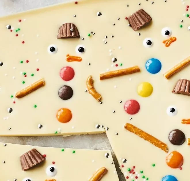 Fun and easy melted Snowman white chocolate bake