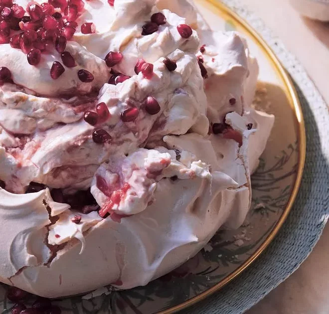 Show your mum some TLC with this delicate rose and rhubarb fool pavlova that’s ‘baked with love’